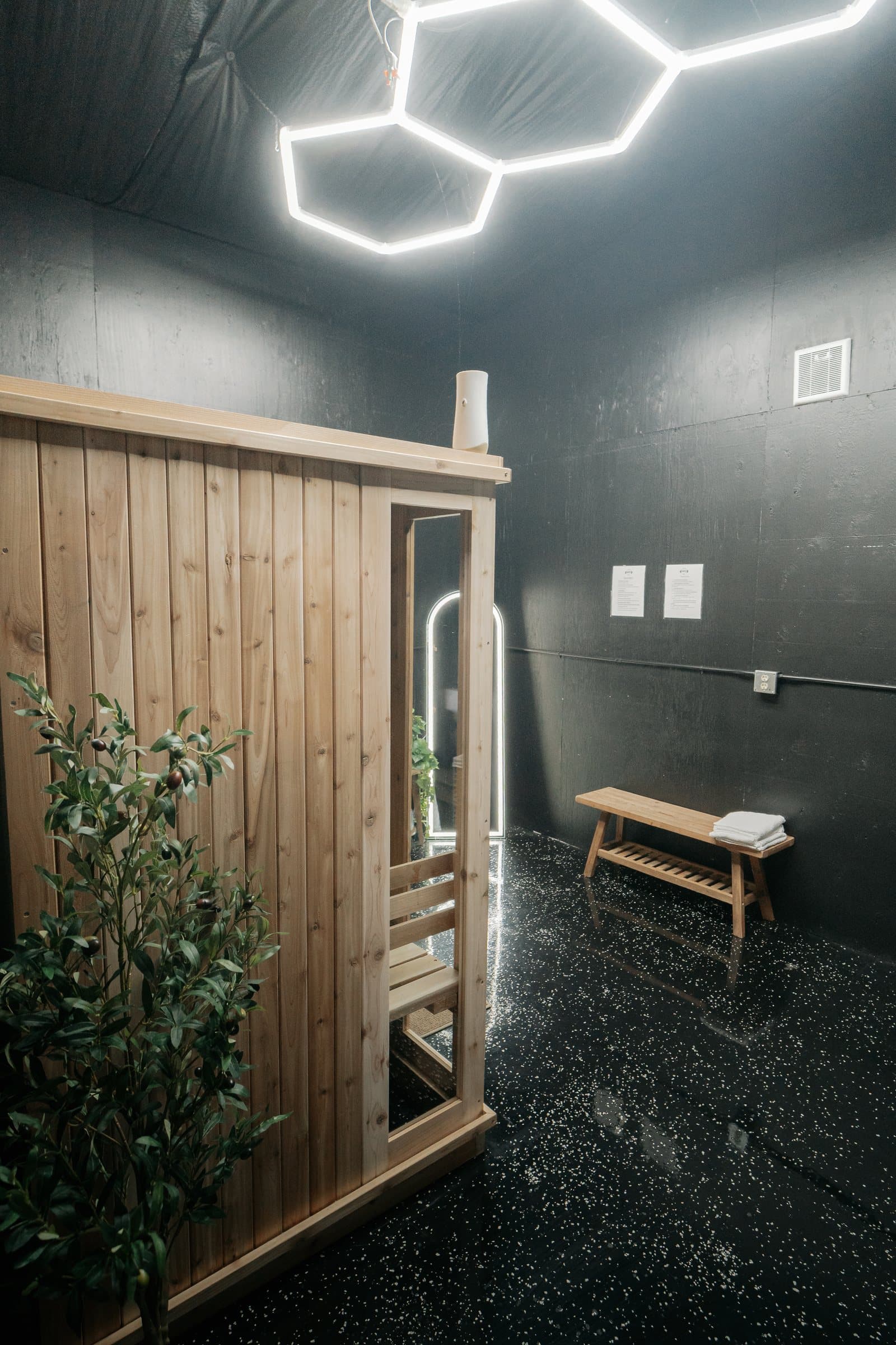La cabina de sauna de madera con una planta y una banca en Mattawa Fitness Club