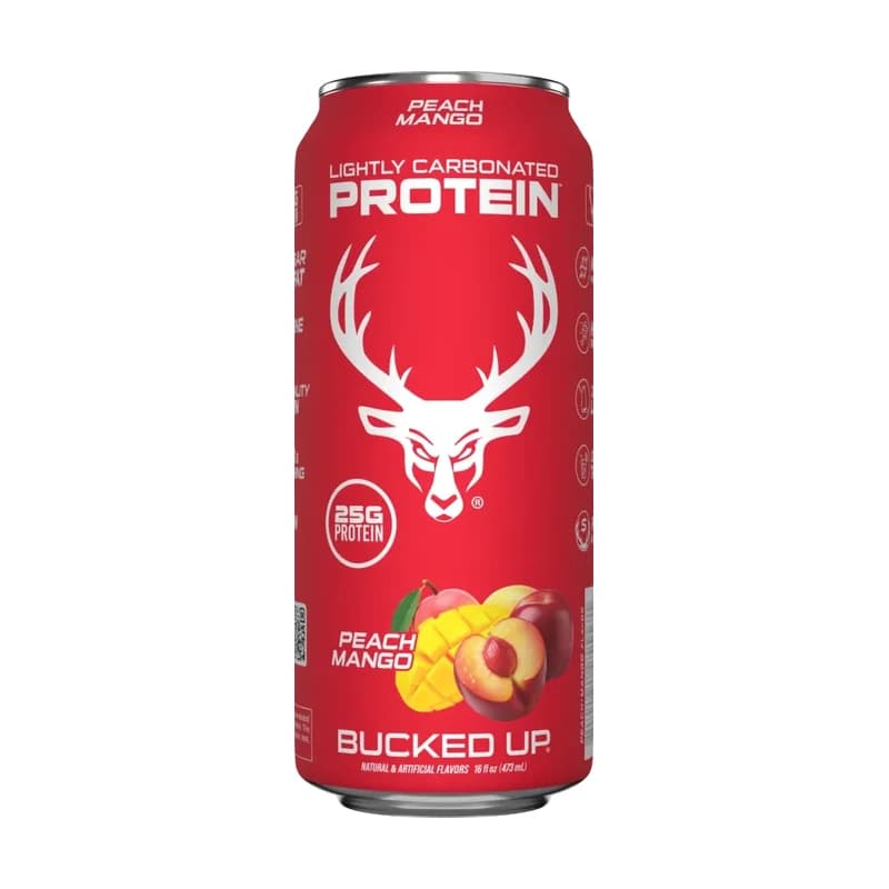 Lata de Bucked Up Protein Soda Peach Mango